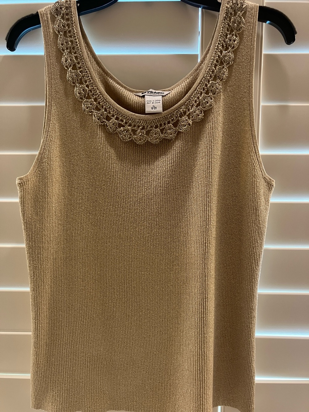 Nygard Collection Beige Shimmer Crochet-Trim Knit Tank